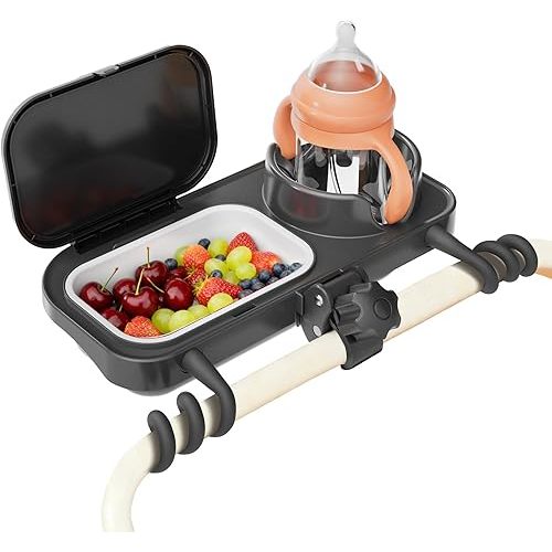 Universal Stroller Snack Tray, Compatible with Nuna Uppababy Mockingbird, Stroller Snack Tray Attachment with Cup Holder, Detachable Silicone Tray for Easy Clean, Toddler Snacking On The Go
