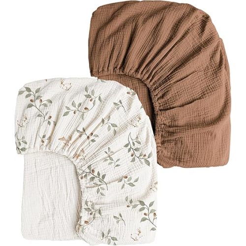 Konssy Muslin Crib Sheets 2 PCS, 100% Cotton Baby Crib Sheets for Standard Crib Mattress (28"x 52"), Soft and Breathable for Boys, Girls (Rabbit,Chestnut)