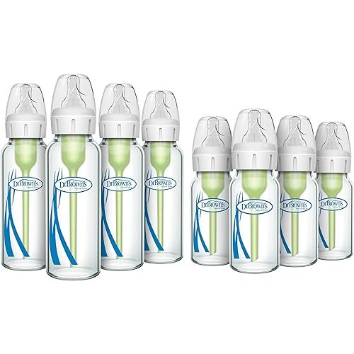 Dr. Brown’s Anti-Colic Narrow Glass Baby Bottles 8 oz 4-Pack + 4 oz 4-Pack with Level 1 Slow Flow Nipples Bundle, BPA Free, 0m+, Clinically Proven to Reduce Colic and Aid Digestion