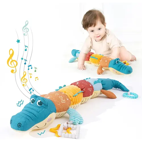 Koty Baby Musical Stuffed Animal Activity Soft Toys with Crinkle, Rattles & Textures, Tummy Time Toys for 0-6 Months Newborn Toy, Infant Boys Girls Toys 6 to 12 Months, Crocodile & Alligator (Blue)