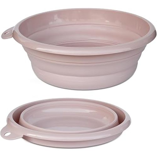 Collapsible Wash Basin Set (2 Pack) - Round Portable Foldable Plastic Basins for Laundry, Travel, Camping - Small & Medium Sizes (Pink)
