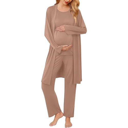 Ekouaer Maternity Nursing Robe Set 3 Pieces Sleeveless Top, Pregnancy Pants & Robe Double Layer Pajamas S-XXL