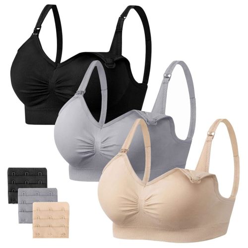 Angelhood Womens Seamless Sleep Nursing Bra,Breastfeeding Maternity Bra with Remove Bra Pads Extenders Pack of 3