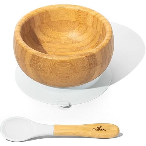 Avanchy Bamboo Baby Bowl with Spoon and Removable Silicone Suction Base – Non-Toxic, BPA-Free Feeding Bowl for Babies and Toddlers – Natural Bamboo Suction Bowl, White