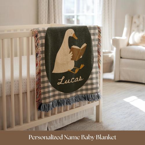 Personalized Reading Goose Baby Blanket Custom Name Green Gingham Nursery Decor Storybook Duck Heirloom Woven Throw Unique Bookish Mama Gift