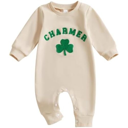 Karuedoo Newborn Baby Boy Girl St Patricks Day Outfit Charmer Clover Embroidery Long Sleeve Romper Jumpsuit Irish Outfit