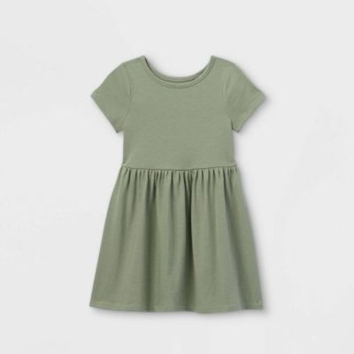 Toddler Girls' Solid Knit Short Sleeve Dress - Cat & Jack™ Olive 5T: Cotton Blend, Midweight Jersey, Crew Neck, A-Line Style