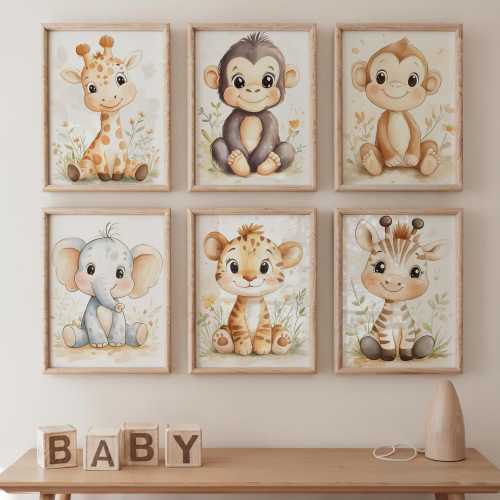 Set of 6 Watercolor Prints, Safari Animal Wall Art, Jungle Theme Decor, Kids Room Prints, Playroom Art for Boys and Girls, Printable Art