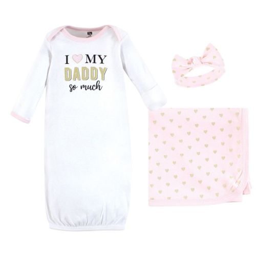 Hudson Baby Infant Girl Gown, Swaddle Blanket And Cap Or Headband, Daddy Hearts, 0-6 Months