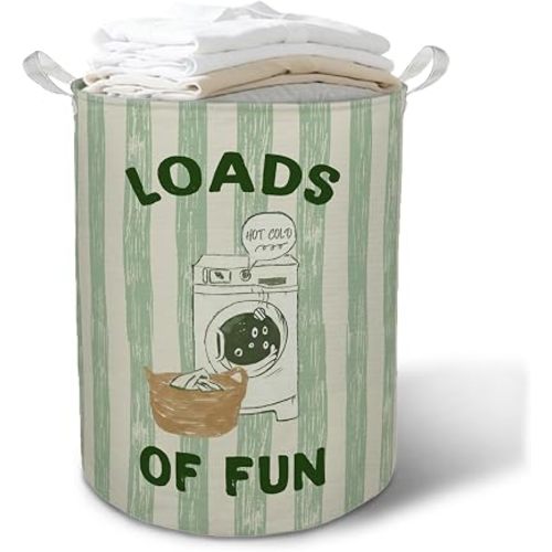 Funny Sage Green and Beige Striped Laundry Basket Hamper, Loads of Fun Humorous Foldable Clothes Toys Books Storage Box Bins Baskets Organizer for Laundry Room Bathroom Home