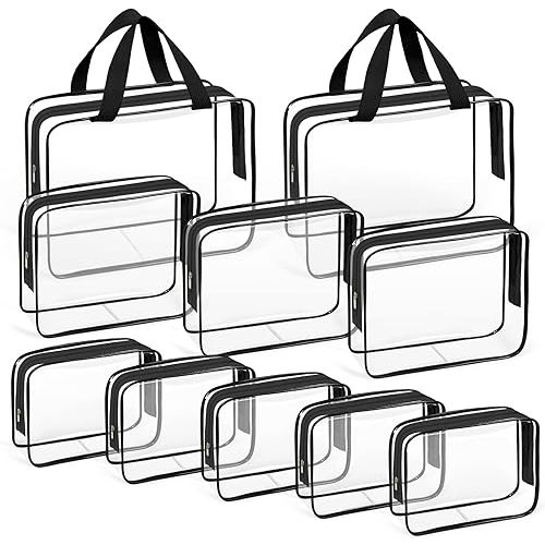 TISRATOK 10 PCS Clear Travel Makeup Toiletry Bag, Plastic PVC Cosmetic TSA Approved Organizer Kit with Zipper Handbag（Black）