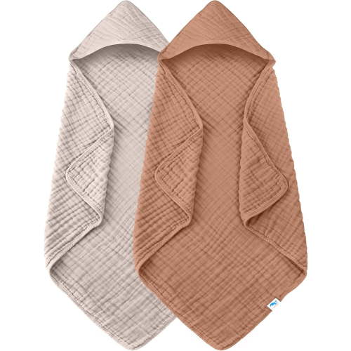 Muslin Hooded Baby Bath Towels - 2 Pack 100% Cotton Towel for Babies, Infants, Toddlers - 32x32Inch - Highly Absorbent and Newborn Essential, Light Bean Paste