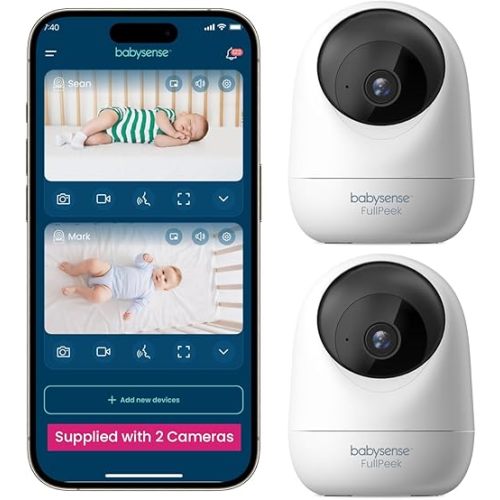 Babysense 2Peek Video Baby Monitor, WiFi Security Camera with Auto Tracking (2Pcs), 3MP Super HD, Intelligent Motion & Sound Detection, Night Vision, Private Hidden Lens Mode, Supports SD Card