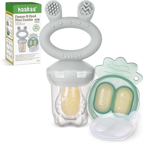 Haakaa Baby Fruit Food Feeder & Mini Freezer Nibble Tray Combo, Breastmilk Popsicle Molds for Baby Cooling Relief, BPA Free Silicone Feeder for Safe Infant Self Feeding, 4 Month+ (Slate Grey)