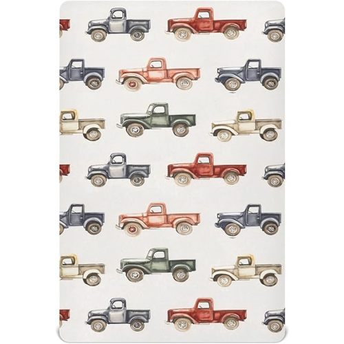 Crib Sheets for Boys girlVintage Trucks Jeeps mini Nursery Sheets,Breathable Baby Cribs Sheet,Soft Toddler Mattress Fitted,Neutral Baby Sheet for Crib 52 * 28 * 9In