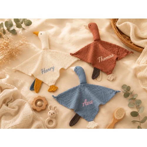 Custom Goose Baby Lovey with Embroidered Name, Personalized Muslin Security Blanket, Soft Newborn Comforter, Baby Shower Gift for Newborn
