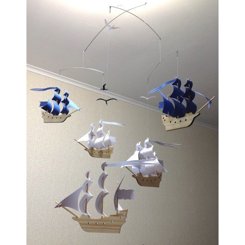 3 White + 2 Blue Wooden Sailboats. The most beautiful decor for any room. Children&#39;s mobile.