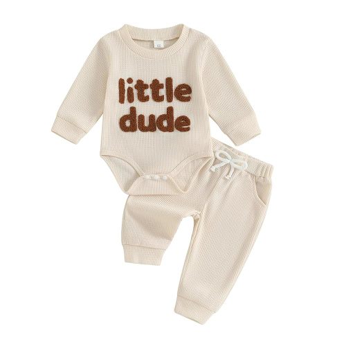 MERSARIPHY Newborn Baby Boy Fall Winter Clothes Mama's Boy Little Dude Outfit Embroidery Waffle Knit Romper Pants Sets