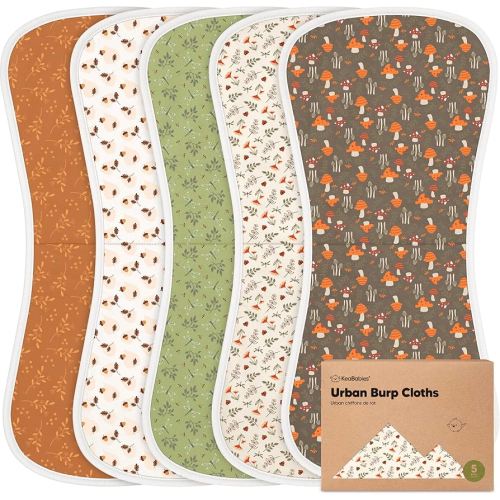 Organic Burp Cloths Baby Boy & Girl - 5-Pack Super Absorbent Cotton Burping Cloths for Babies, Soft & Plush Newborn Spit Up Rags, Infant Towels for Milk Spit Up, Unisex, Large 21" x 10" (Fall Spores)