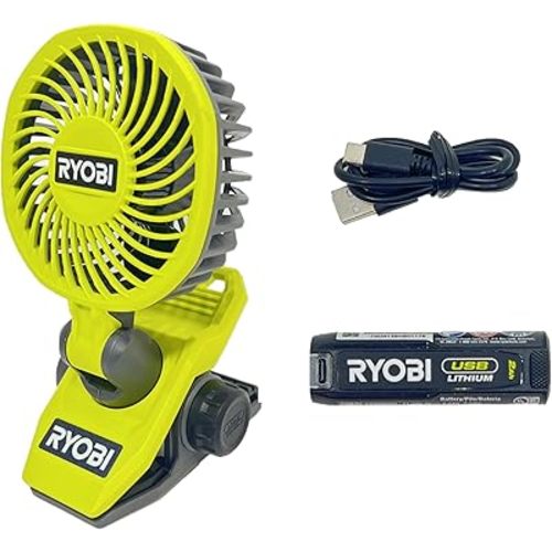 RYOBI USB Lithium CLAMP Fan KIT with 2.0 AH USB Lithium Battery and Charging Cable FVF51K