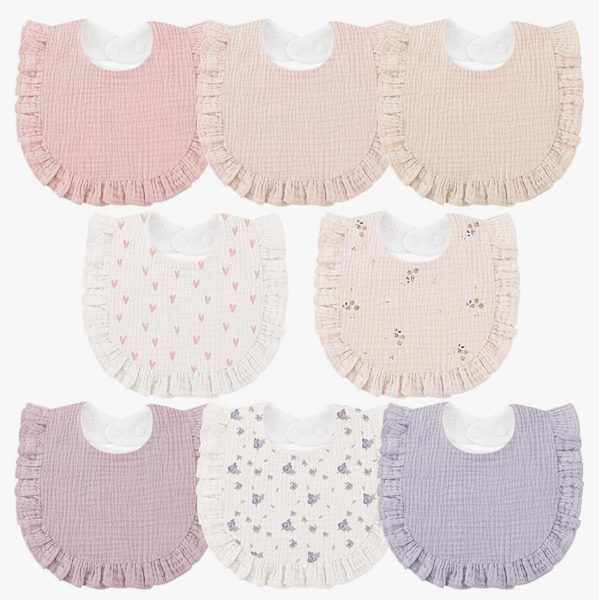 Bearmoss 8 Pack Muslin Baby Bibs for Drooling and Teething, Soft Bibs for Girls, Boys, Newborn (Pink Purple)