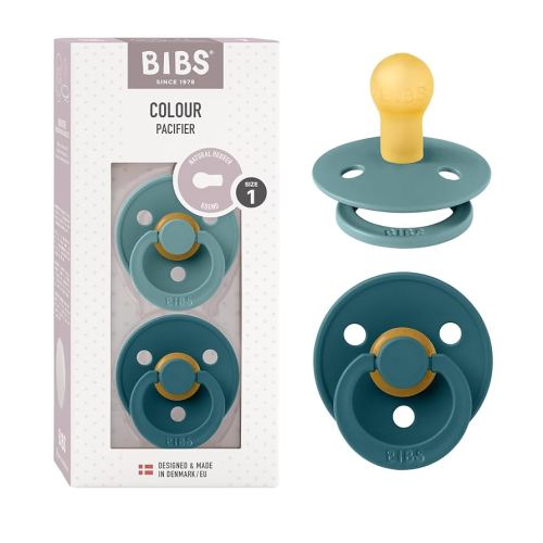 BIBS Pacifiers Colour Collection | Natural Rubber Baby Pacifier | Round Nipple | Set of 2 BPA-Free Soothers | Made in Denmark | 0+ Month (Pack of 2) | Island Sea/Forest Lake
