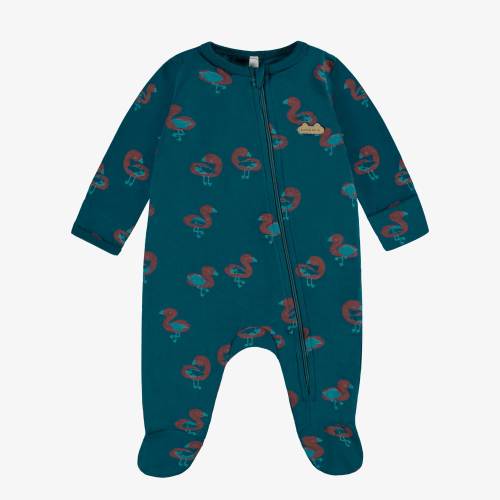 Turquoise one-piece pajamas with orange flamingo all over print in stretch jersey, newborn - Souris Mini - Souris Mini