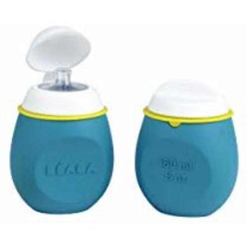BEABA BabySqueez 2 Pack – Soft Reusable, Portable and Refillable Silicone Baby Food Pouch - Great for Purees, Smoothies, and Snacks - Includes 2 Different Spouts for 2 Stages – Holds 6 oz (Peacock)