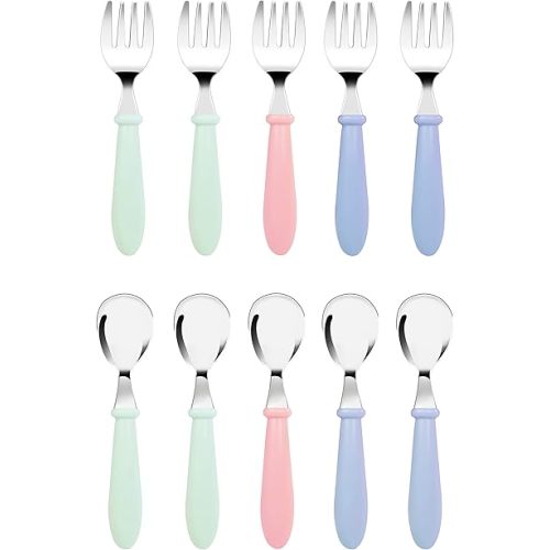 DF DUALFERV 10 pcs Toddler Utensils, Stainless Steel Toddler Silverware Set with Round Handle, Baby Forks for Self Feeding, 5 Forks and 5 Spoons