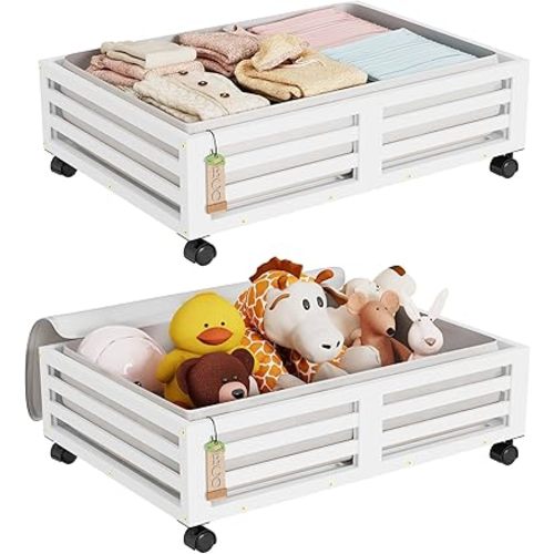 Bamboo Under Bed Storage Containers- Underbed Organizer with Wheels with Large Dust Bag,Sturdy Wood Rolling Under the Bed Shoe Storage Organizer Drawer 2 Packs (White, Small)
