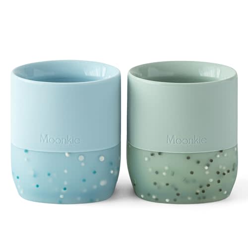 Moonkie Silicone Baby Cups 4 Months+ | Tiny Open Training Cups for Infants with Confetti Sprinkles | Baby-Led Weaning Essential | 2 oz (Ether/Mint, 2 Pack)