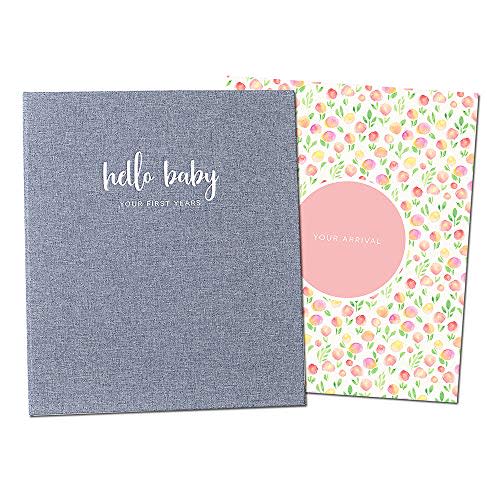 Peachly Minimalist Baby Memory Book for Girls Milestone Keepsake Journal | First Five Years Baby Girl Memory Book | Baby Keepsakes First Year Memory Book | Baby Girl Baby Book | Grey Linen Botanica