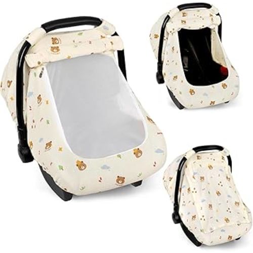 Hooyax Muslin Car Seat Cover Baby - Breathable and Privacy Car Seat Canopy with 3 Modes - Easy Install & Gift Box Packaging, Universal Fit for Infant Car Seats, Bear