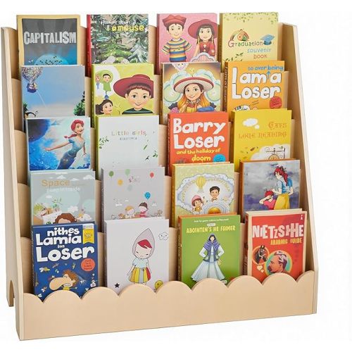 VEVOR 5-Tier Montessori Bookshelf, Scalloped Kids Bookcase, Wooden Book Shelf with 2 Dual Hooks, Daycare Furniture Display Bookshelf for Bedroom, Living Room, Entryway, Nursury, Preschool