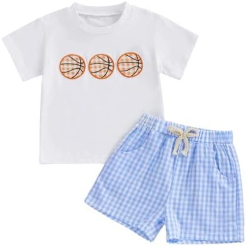 Toddler Baby Boy Basketball Outfit T-Shirt Top and Gingham Plaid Shorts Set 2Pcs Infant Game Day Summer Clothes