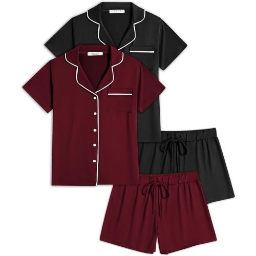 Ekouaer 2 Pack Womens Pajamas Set Button Down Summer Sleepwear Short Sleeve Comfy Pjs Loungewear Set
