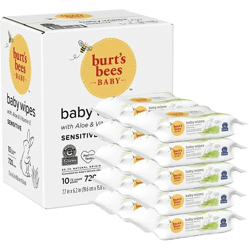 Baby Wipes, Burt's Bees Unscented Towelettes for Sensitive Skin, Hypoallergenic & Non-Irritating, All Natural with Soothing Aloe & Vitamin E, Fragrance Free, 72 count ( Pack of 10)