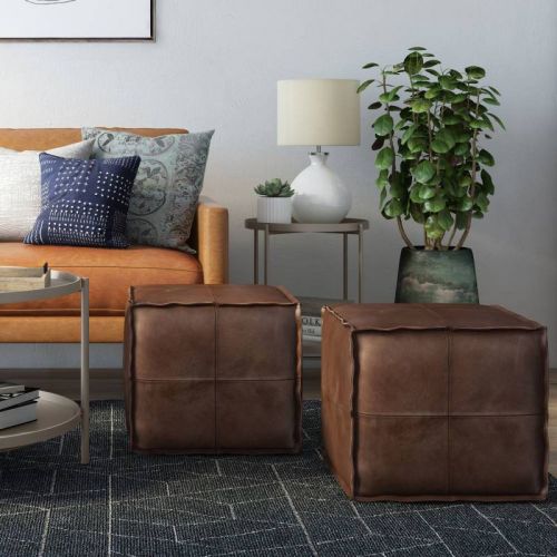 WyndenHall Wendal Square Pouf Distressed Brown: Modern Faux Leather Upholstered, No Assembly Required