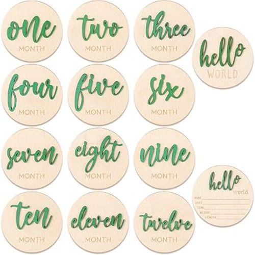 7 PCS Baby Monthly Milestone Wooden Signs 3D Girl Baby 1-12 Months Announcement Card Sign Wood Markers Disc Block Baby Keepsake Double Sided Engraved Keepsake Photo Prop (Green)