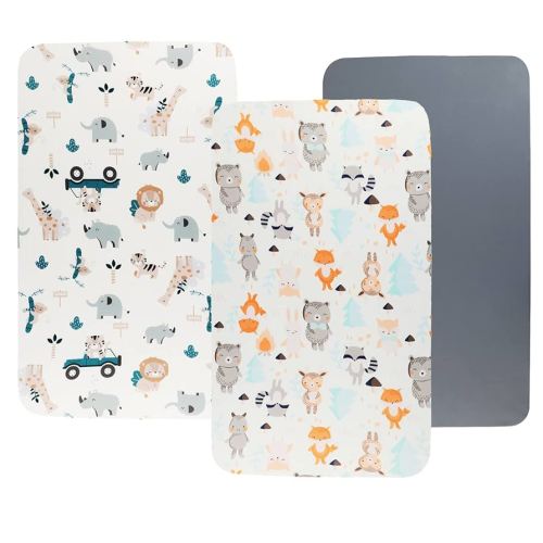 Bassinet Sheet Set 3 Pack (32" x 19") Compatible with Mika Micky, Baby Delight, Dream On Me Bassinet Mattress, Jersey Knit Ultra Soft Flexible for Baby Boys Girls,Elephant Tiger,Fox & Grey