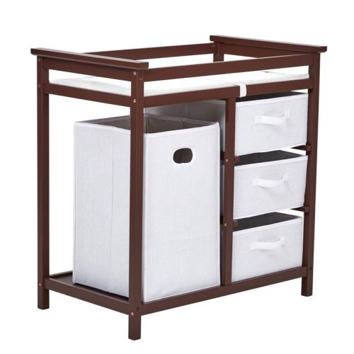 36" Brown Baby Changing Table with 3 Drawers, Laundry Hamper & Safety Belt – Nursery Dresser