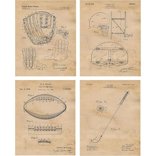Vintage Team Sports Football Baseball Basketball Golf Patent Prints, 4 (8x10) Unframed Photos, Wall Art Decor Gift for Home Office Man Cave Gears Work Garage Student Teacher Coach Trainer Gym Fitness