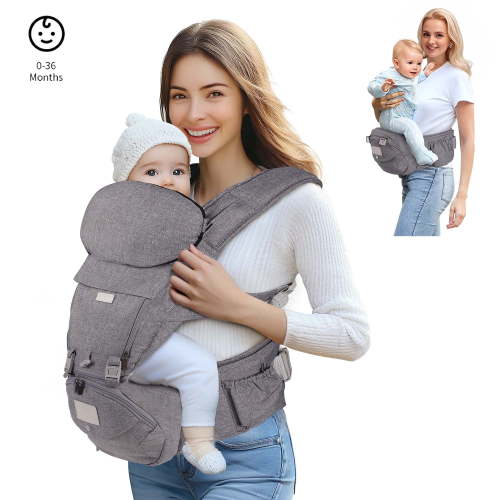 Scafild | 6-in-1 Baby Carrier with Waist Stool Hip Seat&Head Support for Breastfeeding Newborn Infant Toddler - Light Gray