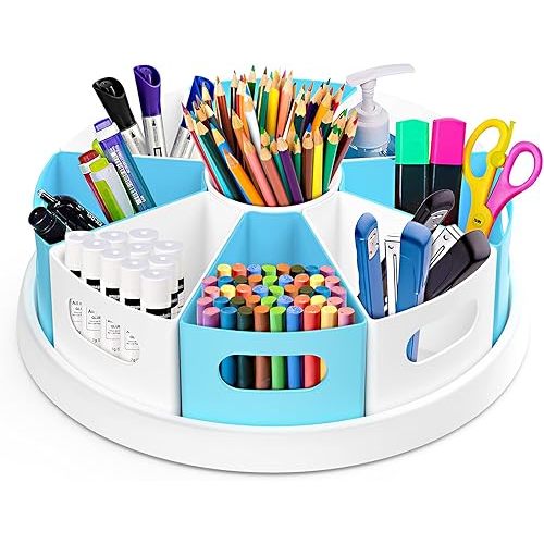 MeCids 360°Rotating Desk Organizers Homeschool Office Organization and Storage Art Supplies Organizers– 12" Lazy Susan Style Caddy with Removable Bins, for Home Offices, School Supplies Classroom Use