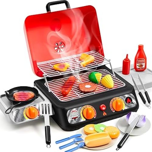 Kids BBQ Grill Playset, Kitchen Toy Set with Pretend Smoke, Light, Sound & Color-Changing Food, Play Kitchen Accessories, Indoor Outdoor Cooking Toy for Boys Girls Kids Birthday Gift