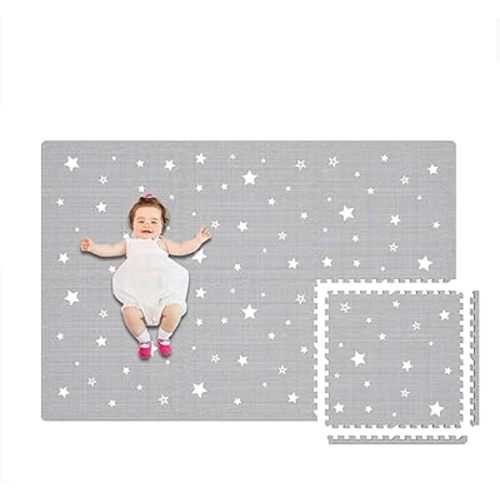 Extra Large Baby Play Mat - 4FT x 6FT Non-Toxic Foam (Grey/White Star)
