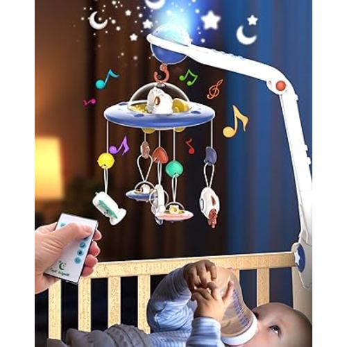 Baby Crib Mobile – Space Nursery Mobile for Crib W/Foldable Design, Remote Control, Soothing Music, Night Light, Moon & Star Projection, Baby Crib Toy for Boys & Girls 3-12 Months (Blue)