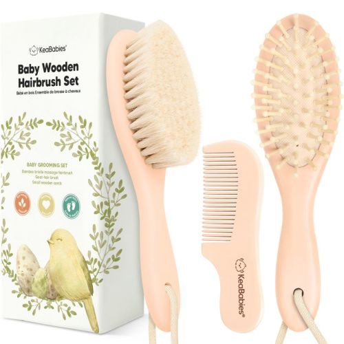 Baby Hair Brush and Comb Set, Oval Wooden Baby Brush Set for Newborns, Infant, Toddler Grooming Kit, Color: Peach