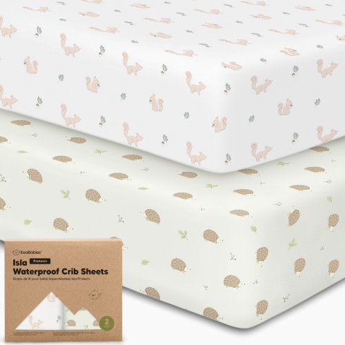 KeaBabies 2-Pack Isla (Protect+) Waterproof Crib Sheets - Nibbles/Bruce
