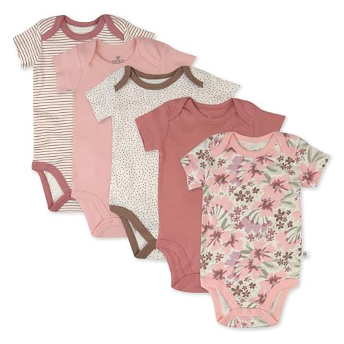 HonestBaby baby-girls 5-pack Short Sleeve Bodysuits One-piece 100% Organic Cotton for Infant Baby Girls
